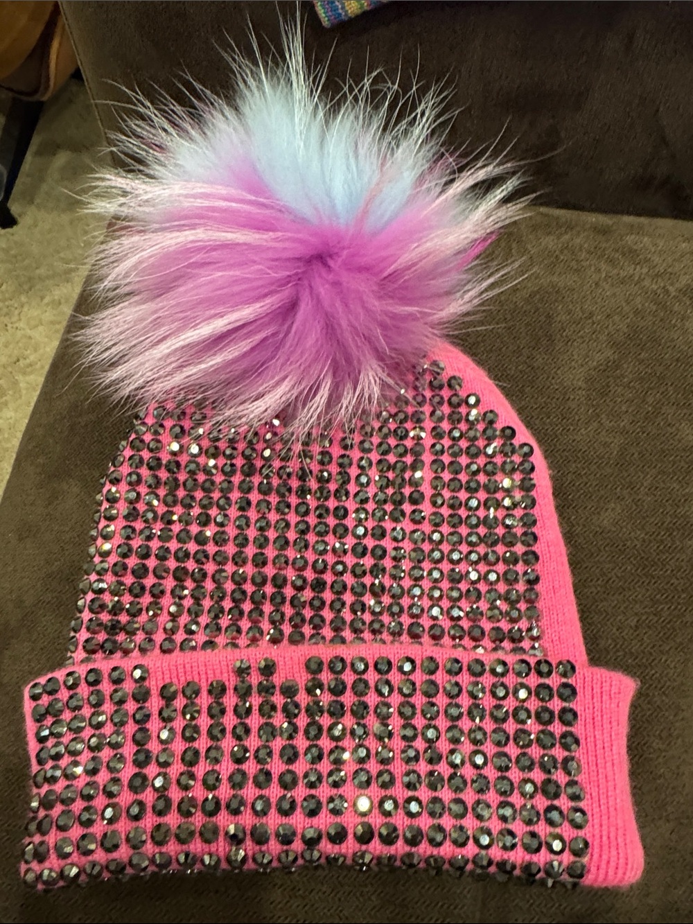 Girls Pink Rhinestone Knit Pom Beanie